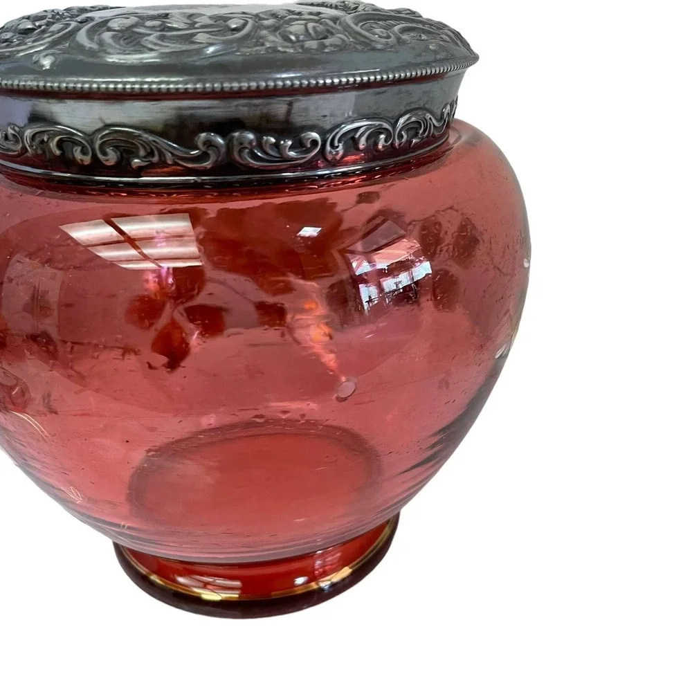 Antique Cranberry Glass Biscuit Jar Hand Painted Floral Victorian Silver Lid Red